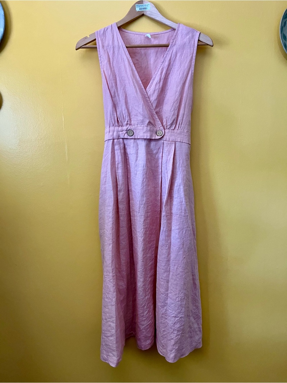 Grae Cove Linen Sleeveless Pink V-Neck Midi Dress with Button Waist